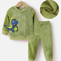 Kookie Kids Full Sleeves Winter Wear Suit With Dino Applique - Green-image-98