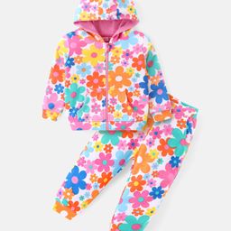 Babyhug Cotton Knit Full Sleeves Hooded Front Zipper Floral Printed Top & Lounge Pants Co-Ord Set - Multicolor-image-44