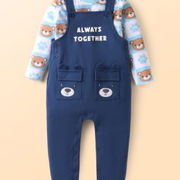 Babyhug Single Jersey Knit Dungaree & Full Sleeves T-Shirt With Teddy Bear Print - Navy Blue-image-60