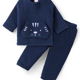 Babyhug Woven Full Sleeves Fur Winter Wear T-Shirt & Joggers Set with Bear Embroidery & Kangaroo Pockets -Navy Blue-image-99