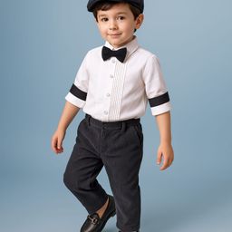 Babyhug Knit Half Sleeves Solid Colour Shirt & Trouser Set With Bow & Hat - White & Navy Blue-image-82