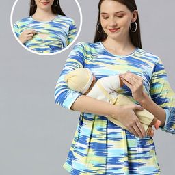True Shape Three Fourth Sleeves Abstract Printed Maternity Top With Two Layer Lift Nursing Access - Blue-41