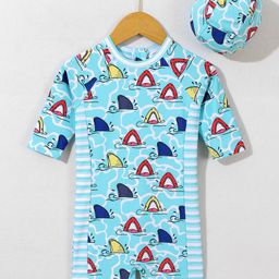 Mark & Mia Half Raglan Sleeves Legged Swimsuit with Cap Shark Print - Light Blue-image-94