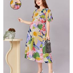 Lovely Mom's Butterfly Sleeves Floral Printed Dress With Pocket & Concealed Zipper Nursing Access - Multi Color-image-26