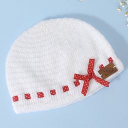 Funkrafts Handmade Woollen Polka Dots Detailed Bow Designed Beanie Cap - White & Red-image-27