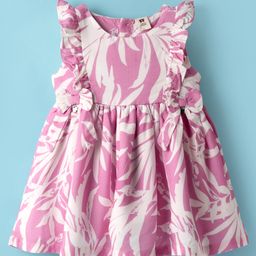 ToffyHouse Cotton Knit Frill Sleeve Frock with Leaves Print - Pink-image-44