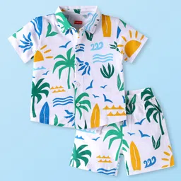 Babyhug Single Jersey Knit Half Sleeves Shirt & Shorts Set with Beach Print - White-picture-15