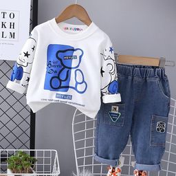 Googo Gaaga Cotton Full Sleeves Teddy Printed Sweatshirt & Joggers Set - White-image-45