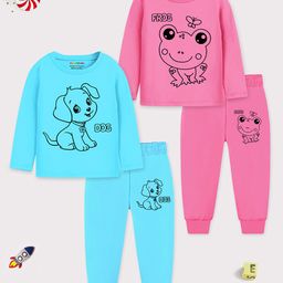Trampoline Cotton Blend Knit Pack Of 2 Full Sleeves Baby Animals Printed Night Suits Set - Pink & Blue-image-83