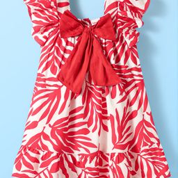Babyhug Rayon Woven Half Sleeves Frock with Leaves Print & Bow Applique - Red-image-69