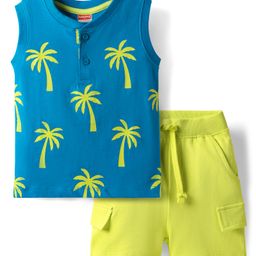 Babyhug Single Jersey Knit Sleeveless Tank T-Shirt & Shorts Set with Coconut Tree Print - Blue & Limegreen-image-99