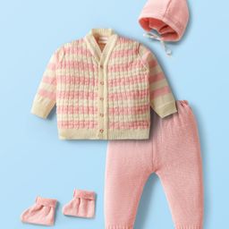 Babyhug Knit Full Sleeves Front Open Sweater Set with Cap with Knot & Booties - Pink & White-picture-6