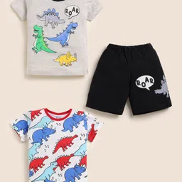Little Marine Cotton Blend Knit Half Sleeves Dinosaurs Printed Tees & Shorts Set - Light Grey & Multi Colour-picture-8