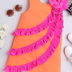 TINY MINY MEE Sleeveless Floral Applique & Ruffle Detailed Dress - Neon Orange-image-40