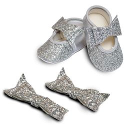 Daizy Bow Applique Detailed Sequins Embellished Slip On Booties With Hair Clips - Silver-image-90