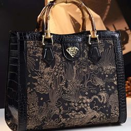 SYGA Women Elegant Embroidered Bamboo Style Tote PU Vertical Square Handbag (Black)-picture-7