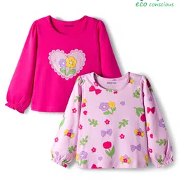 Babyoye 100% Cotton Knit With Eco Jiva Finish Full Sleeves T-Shirts With Floral Print Pack of 2 - Dark Pink & Pink-picture-13
