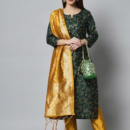 VredeVogel Floral Woven Design Cotton Silk Straight Kurta With Trousers & Dupatta-image-12