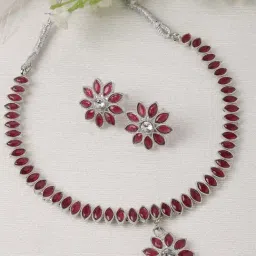 Zeneme Rhodium Plated Flower Leaf AD Studded Necklace and Earring Jewellery Set-image-40
