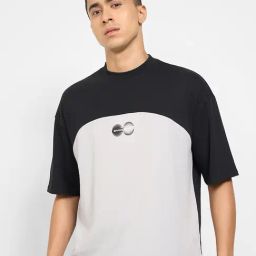 Ajile By Pantaloons Grey & Black Boxy Fit Colour Block Sports T-Shirt-image-10