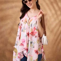 Globus Women Multicolor V-Neck Strappy Shoulder Floral Print Asymmetric Hem Fusion Tunic-26