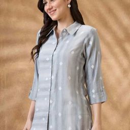 Globus Women Grey Collar Neck Roll-Up Sleeves Geometric Woven Design Workwear Shirt Style Tunic-37