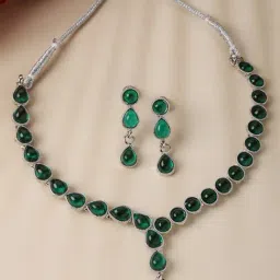 Zeneme Rhodium Plated Dual Shape AD Studded Necklace and Earring Jewellery Set-image-29