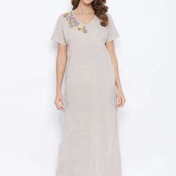 The Kaftan Company Grey Embroidered Night Dress-image-91