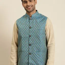 SOJANYA Blue Comfort Fit Printed Nehru Jacket-35