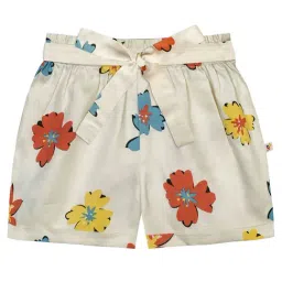Budding Bees Kids Light Yellow Floral Print Shorts with Ribbon Belt-image-2