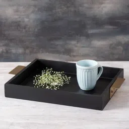 Nestroots MDF Black Serving Tray Wooden Tray Platter for Kitchen Tea Coffee Serving with Gold Handle-24