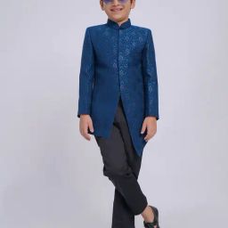 VASTRAMAY Boys Turquoise Textured Indo Western Set-37