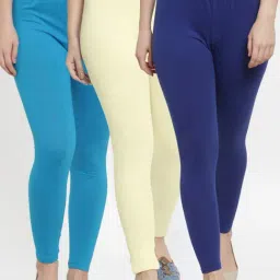 Gracit Blue & Cream Mid Rise Leggings - Pack Of 3-image-64