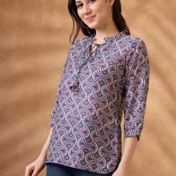Globus Women Blue Frilled Tie-Up Neck Ethnic Print Curved Hem Workwear Tunic-picture-11