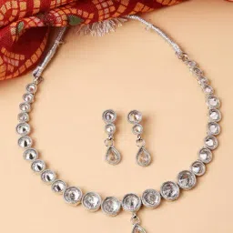 Zeneme Rhodium Plated Round AD Studded Necklace and Earrings Jewellery Set-image-46