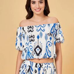 YU by Pantaloons White & Blue Printed Crop Top-image-100