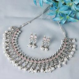 Zeneme Rhodium Plated AD Pearl Studded Necklace and Earrings Jewellery Set-41