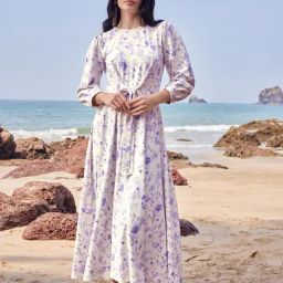 PURVAJA White & Purple Knitted Floral Print Midi Dress-image-37
