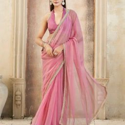 Tikhi Imli Pink Solid Saree with Unstitched Blouse-image-95