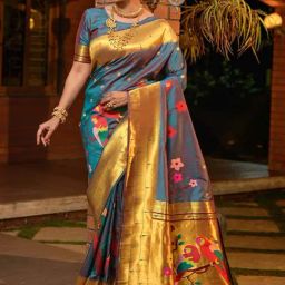 SHUBHKALA Blue Silk Woven Saree With Unstitched Blouse-image-50