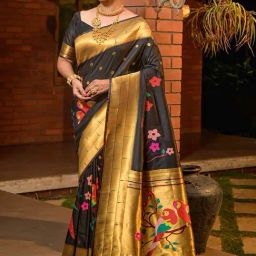 SHUBHKALA Black Silk Woven Saree With Unstitched Blouse-image-73