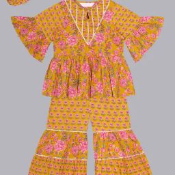 Budding Bees Girls Mustard & Pink Floral Print Top, Sharara & Scrunchies-image-42