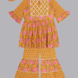 Budding Bees Girls Mustard & Pink Floral Print Top, Sharara & Scrunchies-image-94