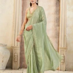 Tikhi Imli Green Solid Saree with Unstitched Blouse-picture-41