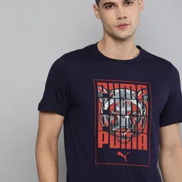 Puma Men Navy Blue Printed Graphic Tee 5 Peacoat Pure Cotton Slim Fit T-shirt-image-25