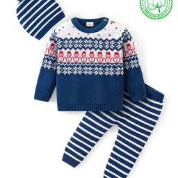 Babyhug 100% Organic Cotton Full Sleeves Sweater Set With Cap Intarsia Design- Blue-image-28