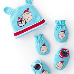 Babyhug 100% Cotton Knit Cap Mittens & Booties Teddy Print - Blue-image-96
