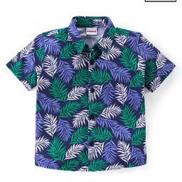 Babyhug Half Sleeves 100% Cotton Knitted Leaves Printed Shirt  - Blue-image-45