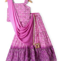 Babyhug Sleeveless Printed Choli with Embossed Foil Lehenga and Dupatta - Purple-image-93