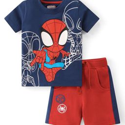 Babyhug Marvel Cotton Knit Half Sleeves T-Shirt & Shorts With Spiderman Front And Back Graphics - Navy Blue & Red-image-55